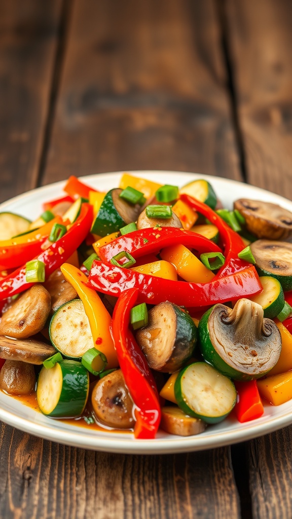 A colorful vegan zucchini stir-fry with zucchini, bell peppers, and mushrooms, garnished with green onions.